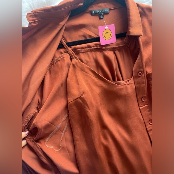 NWT DRESSED IN LALA SILKY SLIP AND BUTTON DOWN TOP SET COGNAC - Picture 7 of 7